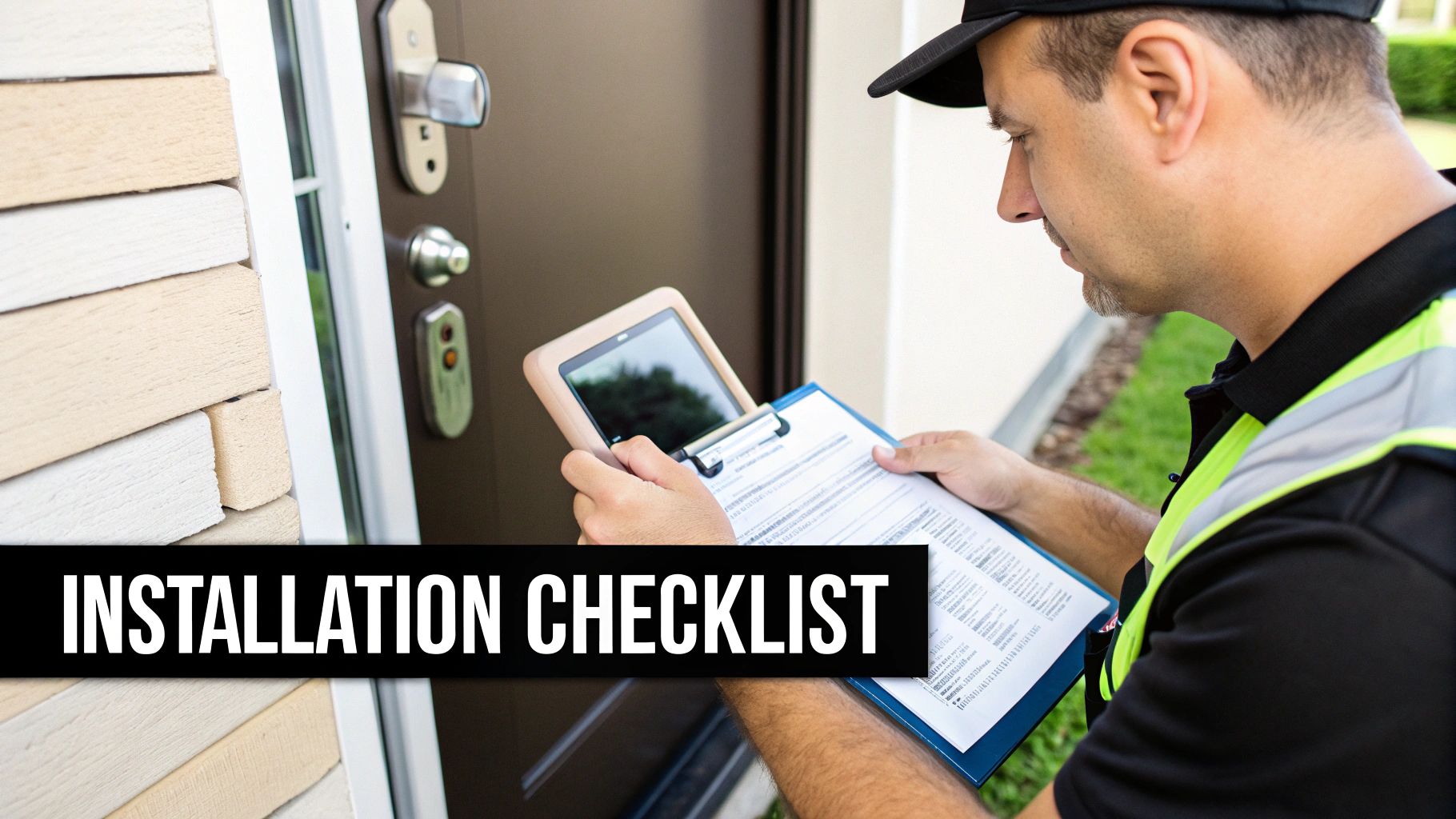 Technician in a vest reviews an installation checklist and tablet near a commercial door with a smart lock.