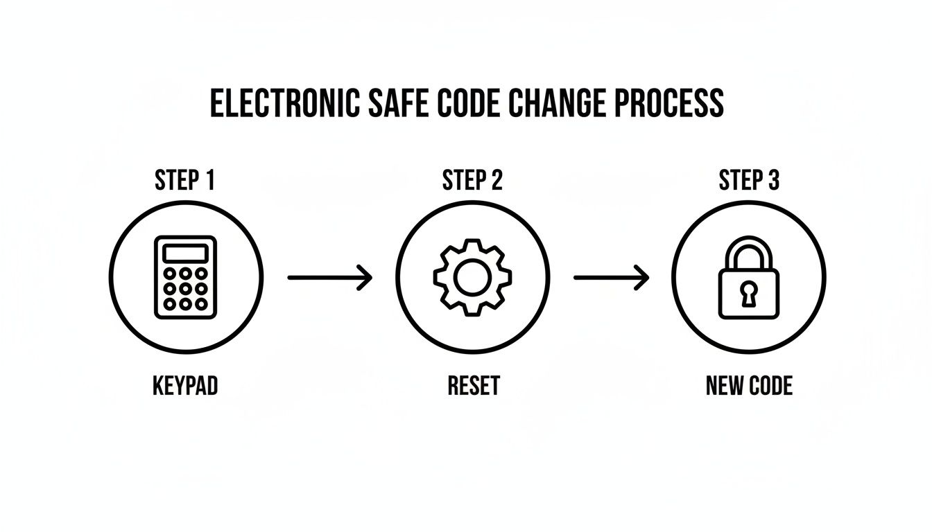 A flowchart illustrating the three-step process to change an electronic safe code: keypad, reset, and new code.