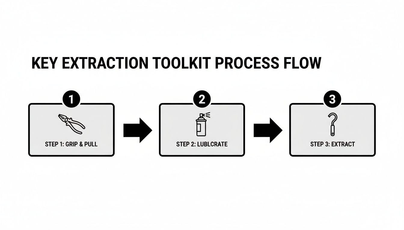Flowchart illustrating the 3-step key extraction toolkit process: grip and pull, lubricate, and extract.