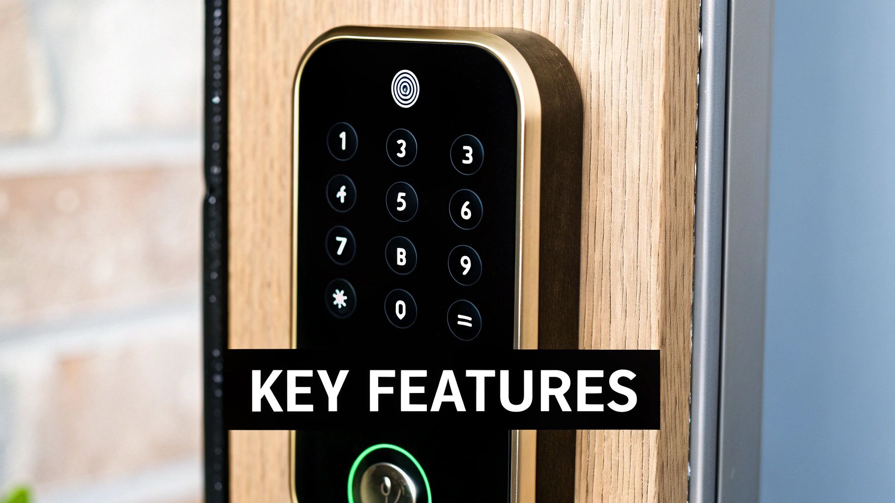 Close-up of a modern smart lock with a black keypad and fingerprint reader on a wooden door.