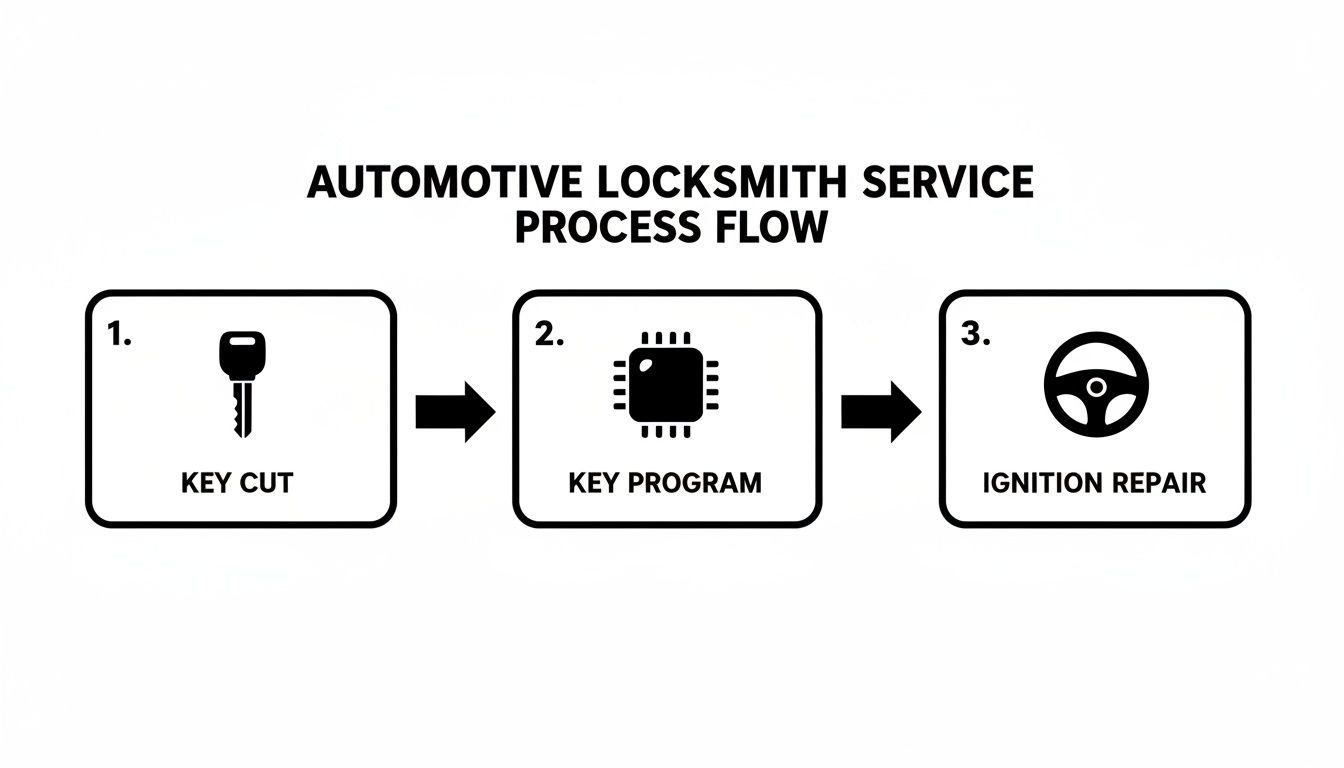Three-step diagram showing automotive locksmith services: key cut, key program, and ignition repair.