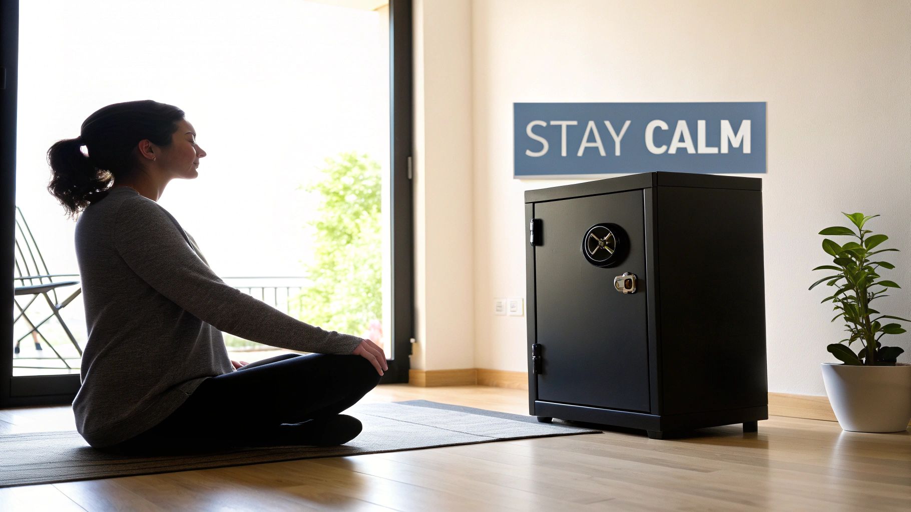 A woman meditating on a mat in a bright room with a black safe and a "STAY CALM" sign.