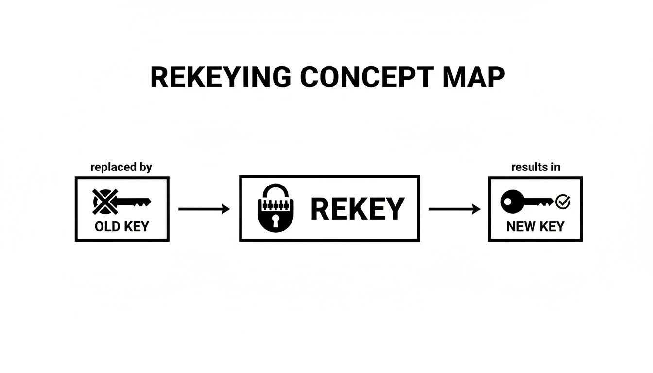 A concept map showing an old key being replaced by a new key through the rekeying process.