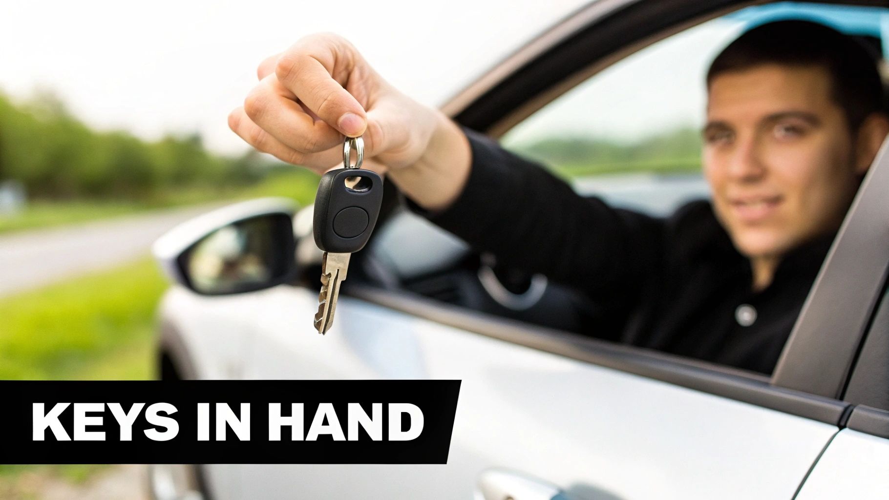 A smiling young man in a white car, holding out car keys to the viewer.