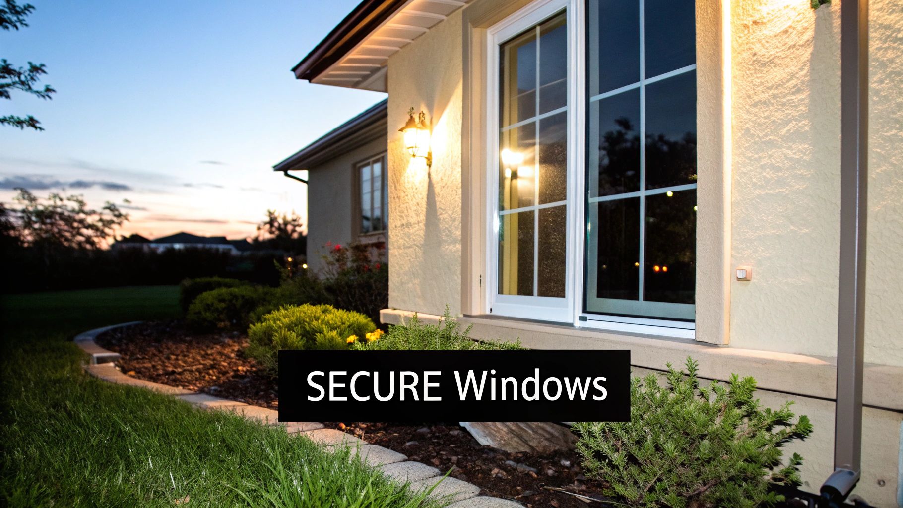 A house exterior at dusk, featuring a brightly lit window and wall lamp, highlighting secure windows for home safety.