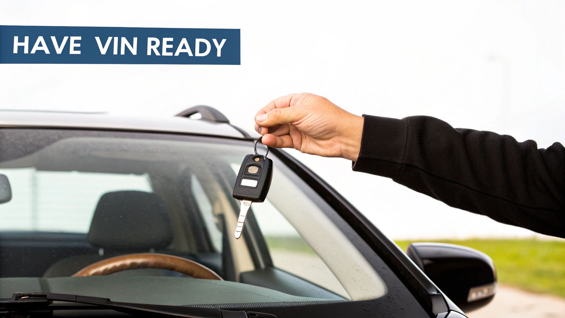 A person's hand holds modern car keys above a black car windshield, with a 'HAVE VIN READY' banner.