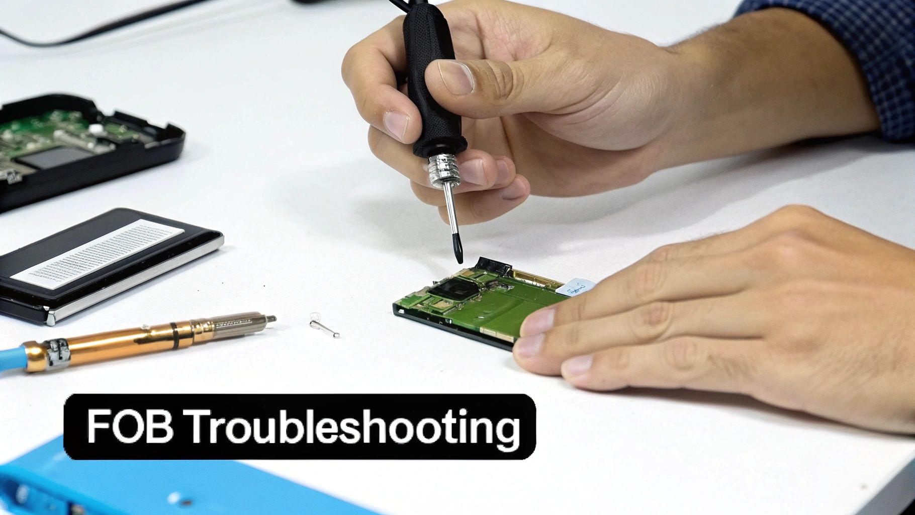 Close-up of hands troubleshooting and repairing a car key fob circuit board on a white table.