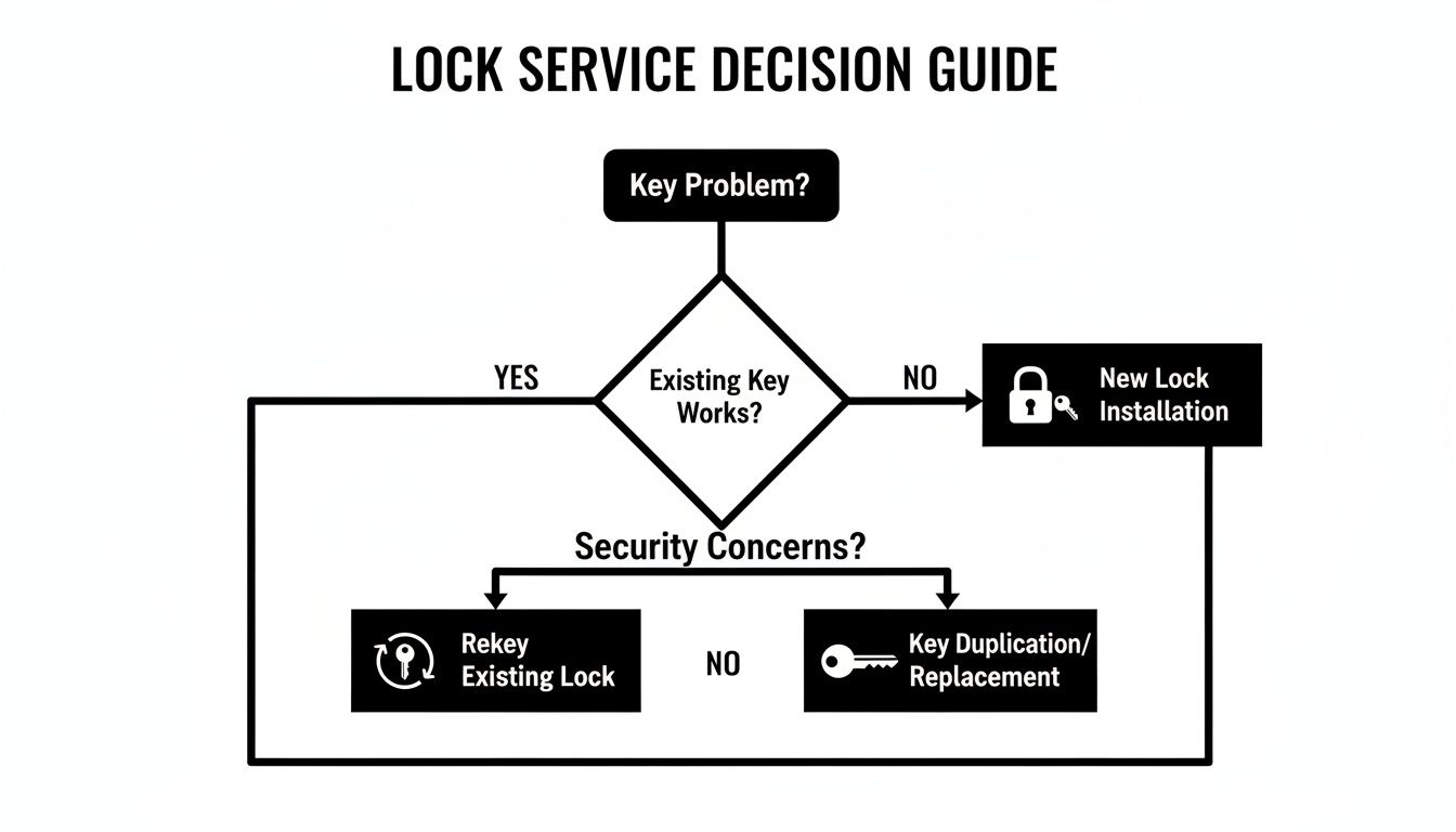 Flowchart guiding lock service decisions: rekey, new installation, or key duplication based on key and security issues.