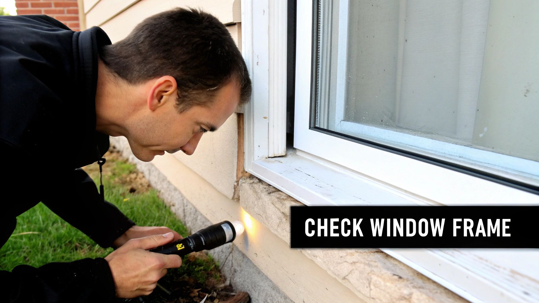 A man uses a flashlight to meticulously inspect a house window frame and its exterior.