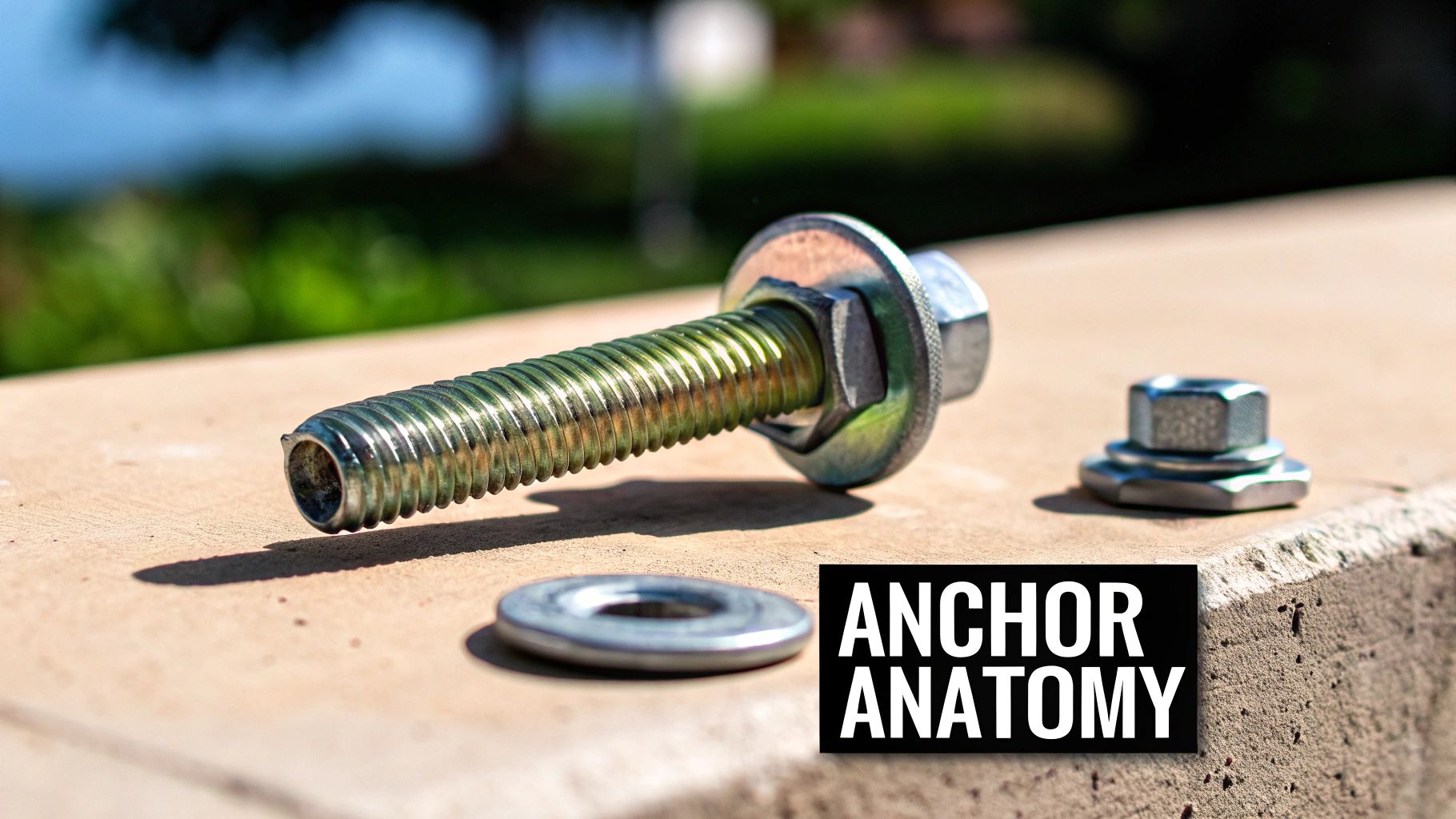 A large, threaded anchor bolt with a hexagonal head, nut, and washer, on a concrete surface.