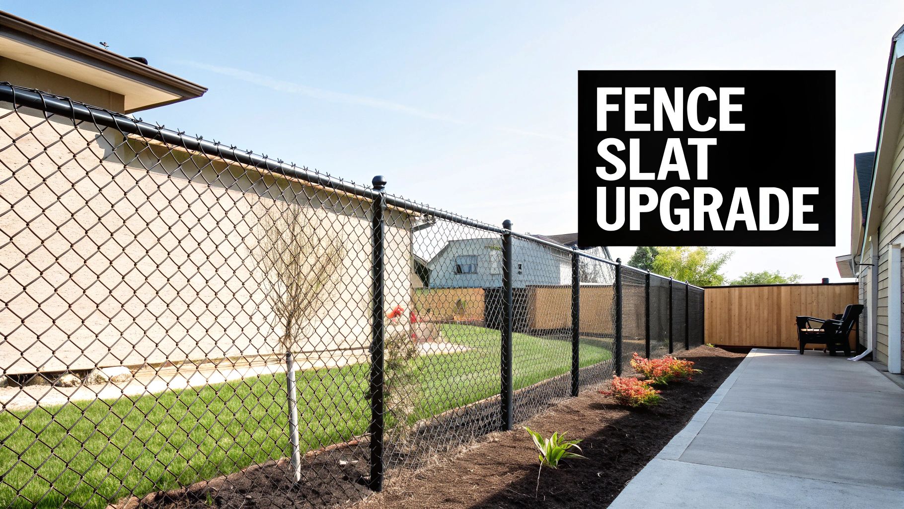A backyard view of a chain-link fence, partially upgraded with black privacy slats and a wooden fence.