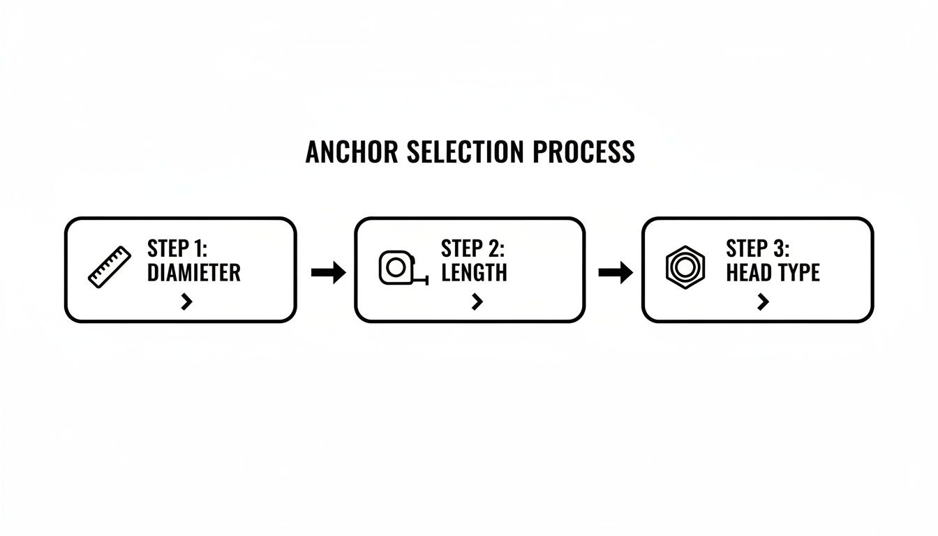 Flowchart illustrating a 3-step anchor selection process: diameter, length, and head type.