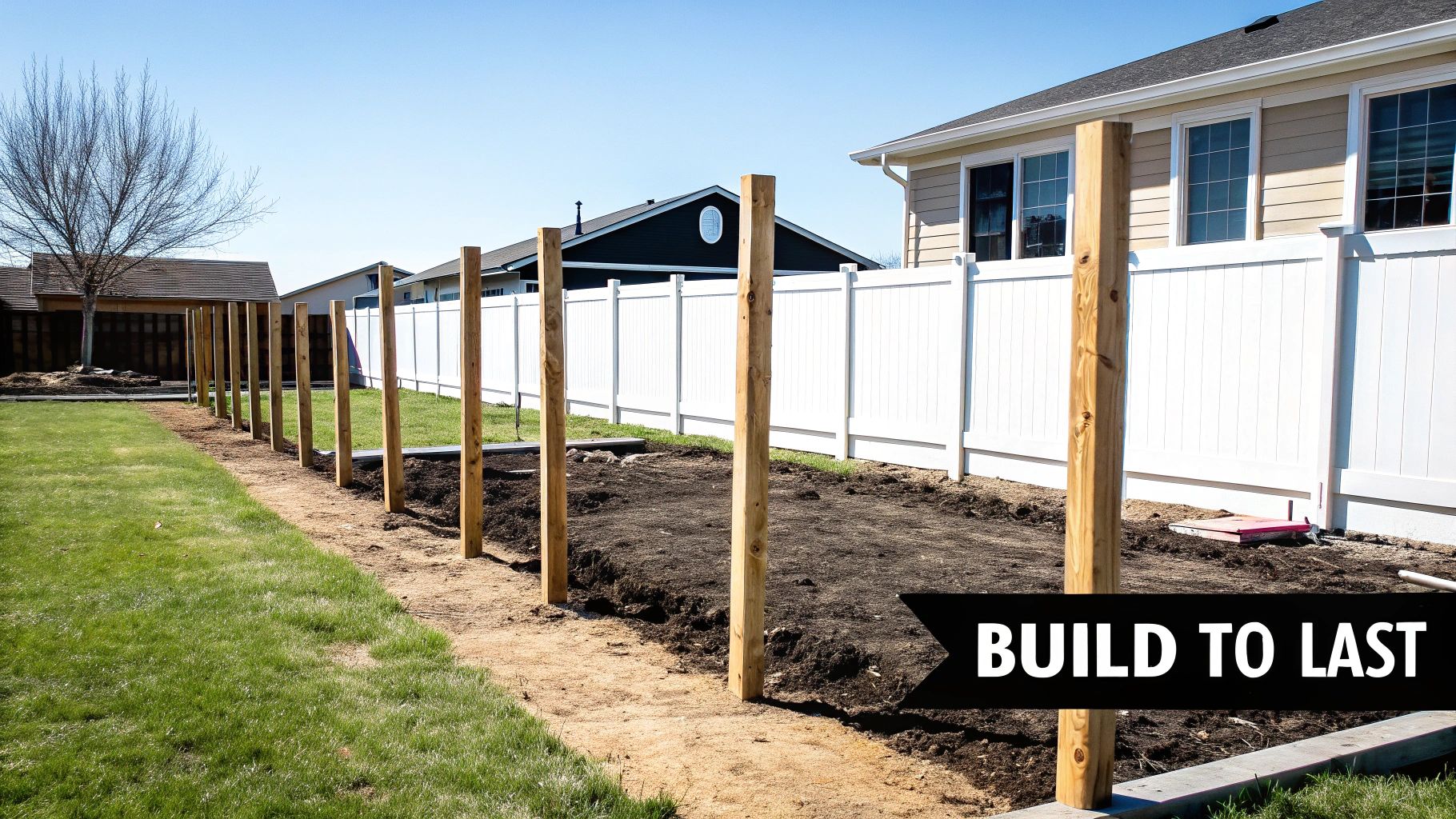 A row of newly installed wooden fence posts in a backyard with a garden bed and white fence.