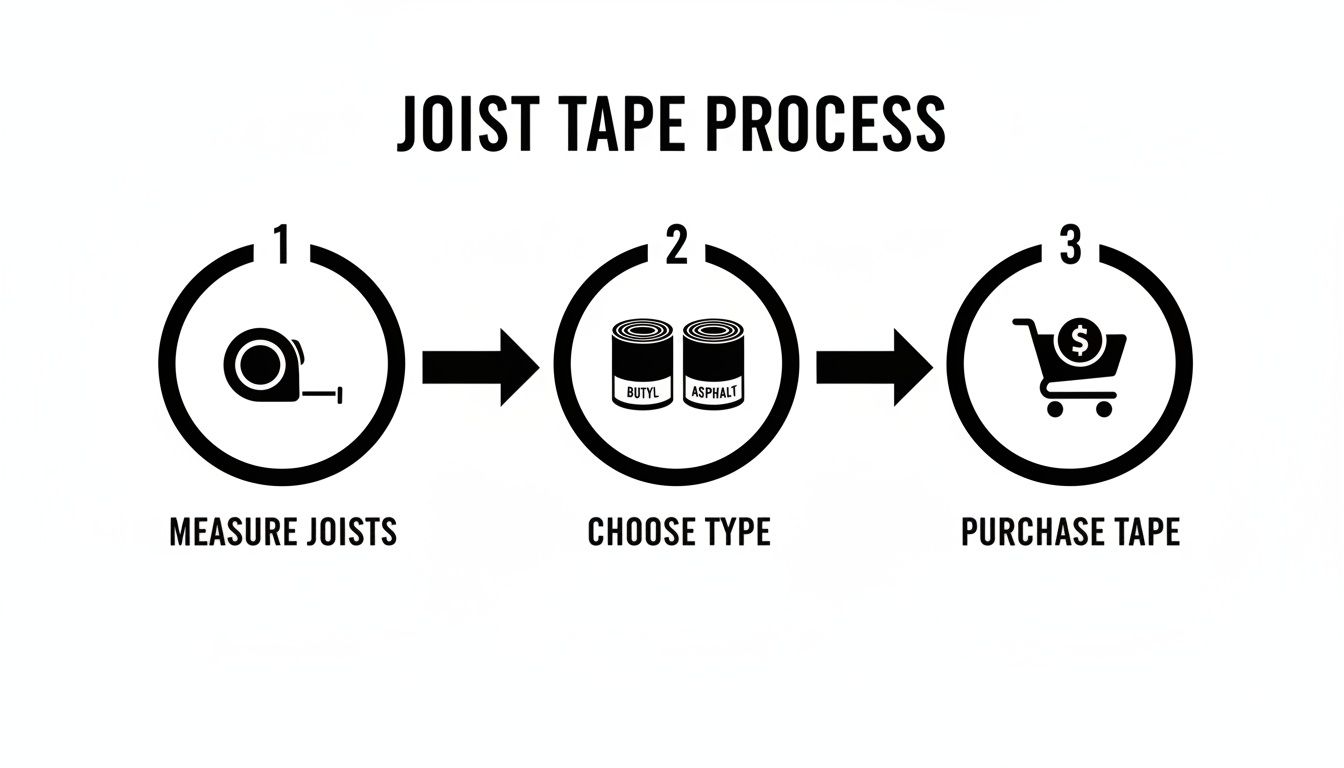 Flowchart showing three steps to buy joist tape: measure, choose type, and purchase.