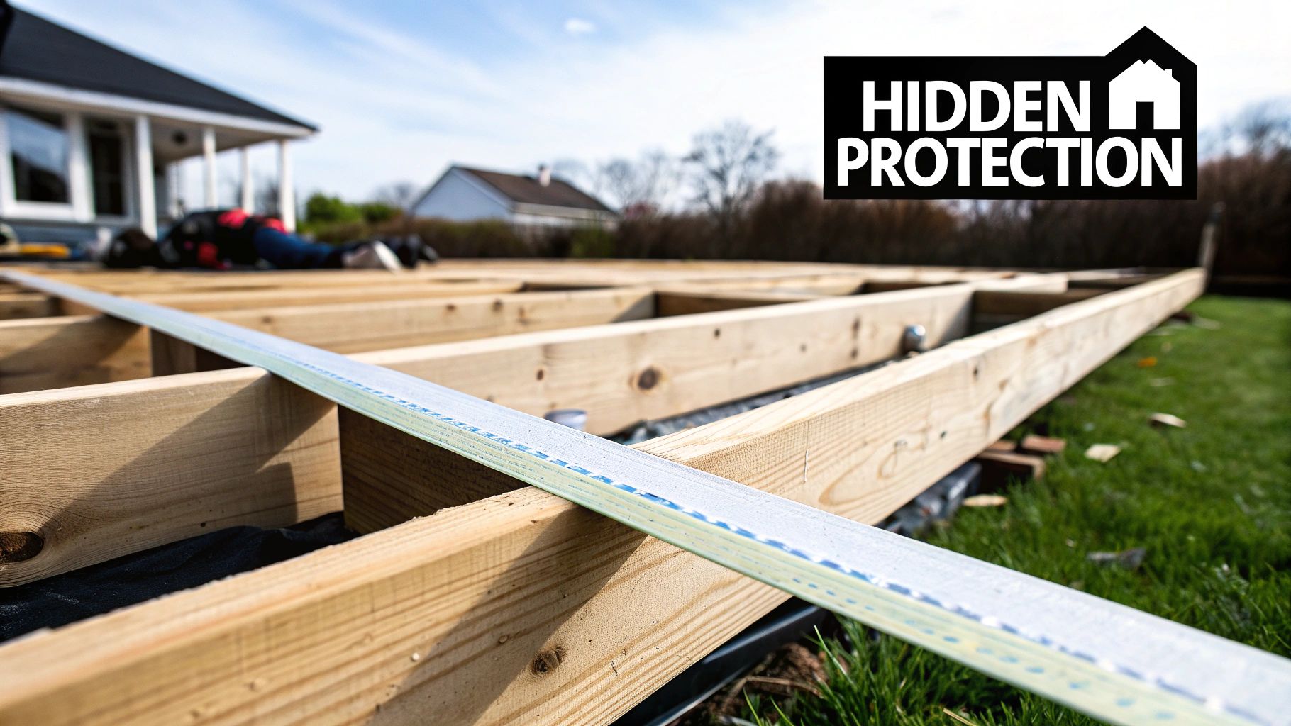 Construction of a wooden deck frame in a backyard, featuring joists and protective tape.
