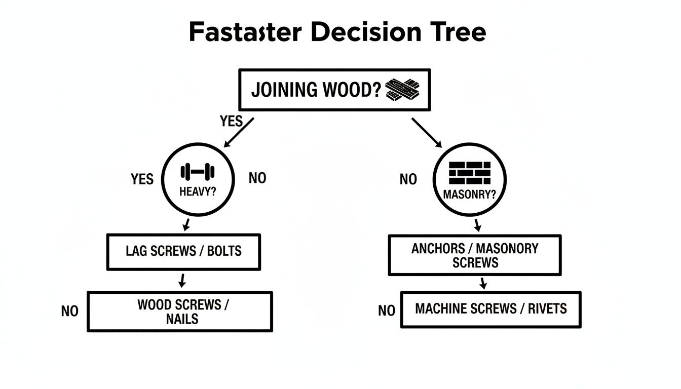 Decision tree flowchart showing how to choose fasteners for joining wood or masonry based on weight.