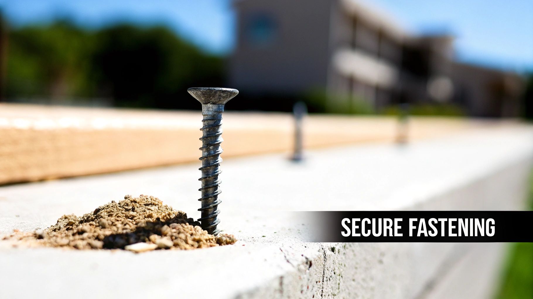 A close-up of a metal screw partially driven into concrete, surrounded by dust, indicating secure fastening.
