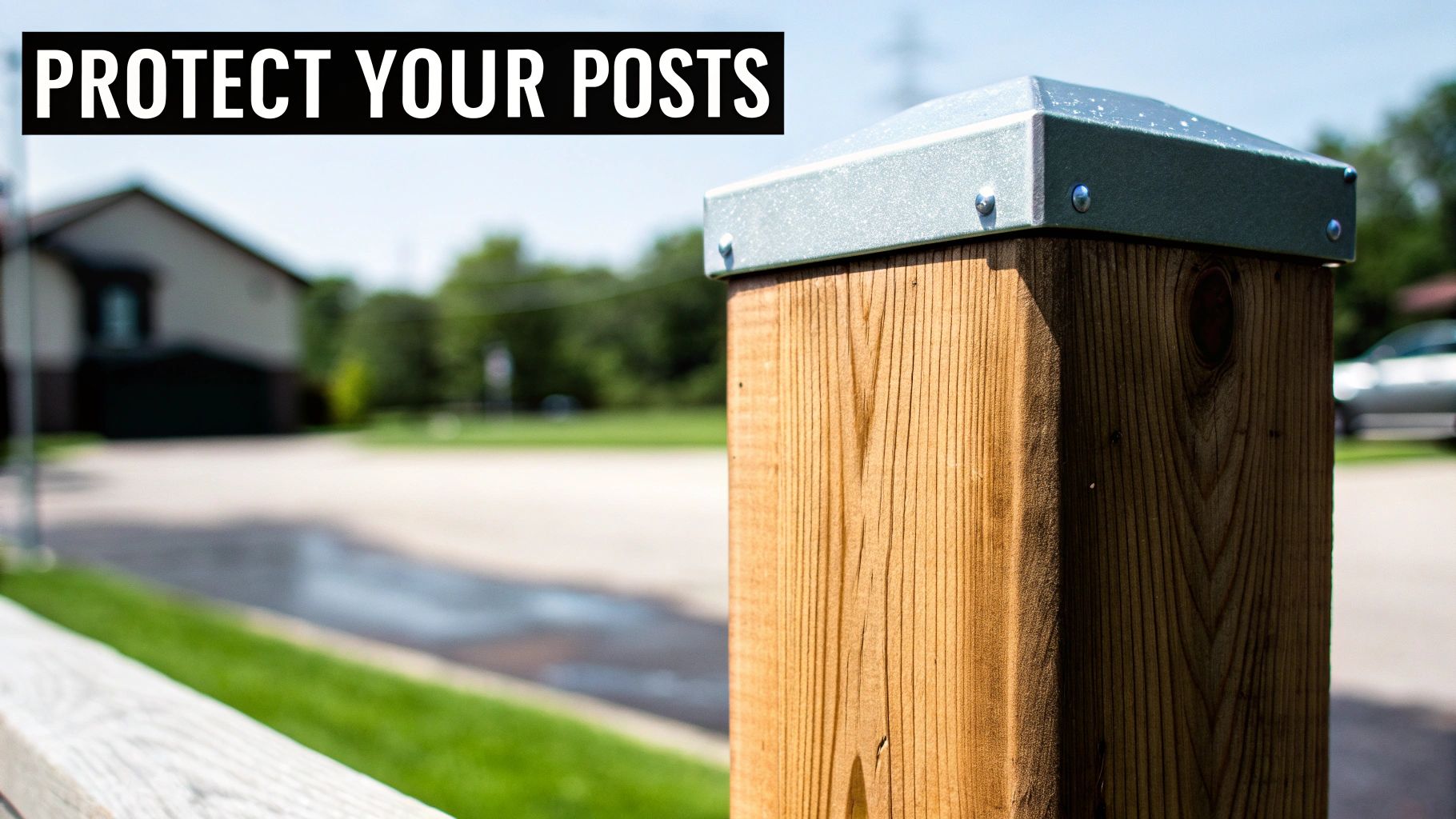 A close-up of a sturdy wooden post with a protective silver metal post cap on top, outdoors.