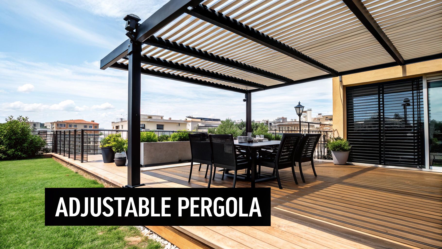 A modern outdoor deck with an adjustable louvered pergola covering a dining area, alongside a green lawn and city views.