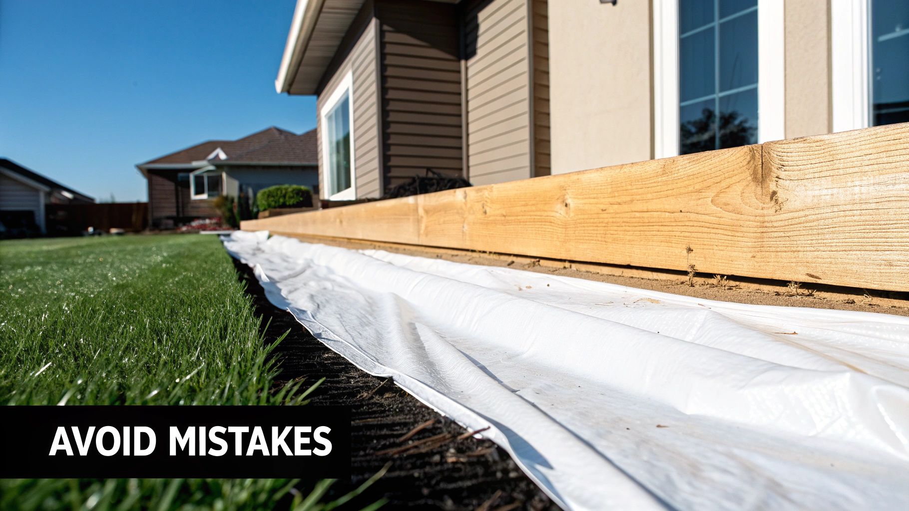 A wooden board at ground level with white landscape fabric next to it, and green grass in the foreground.