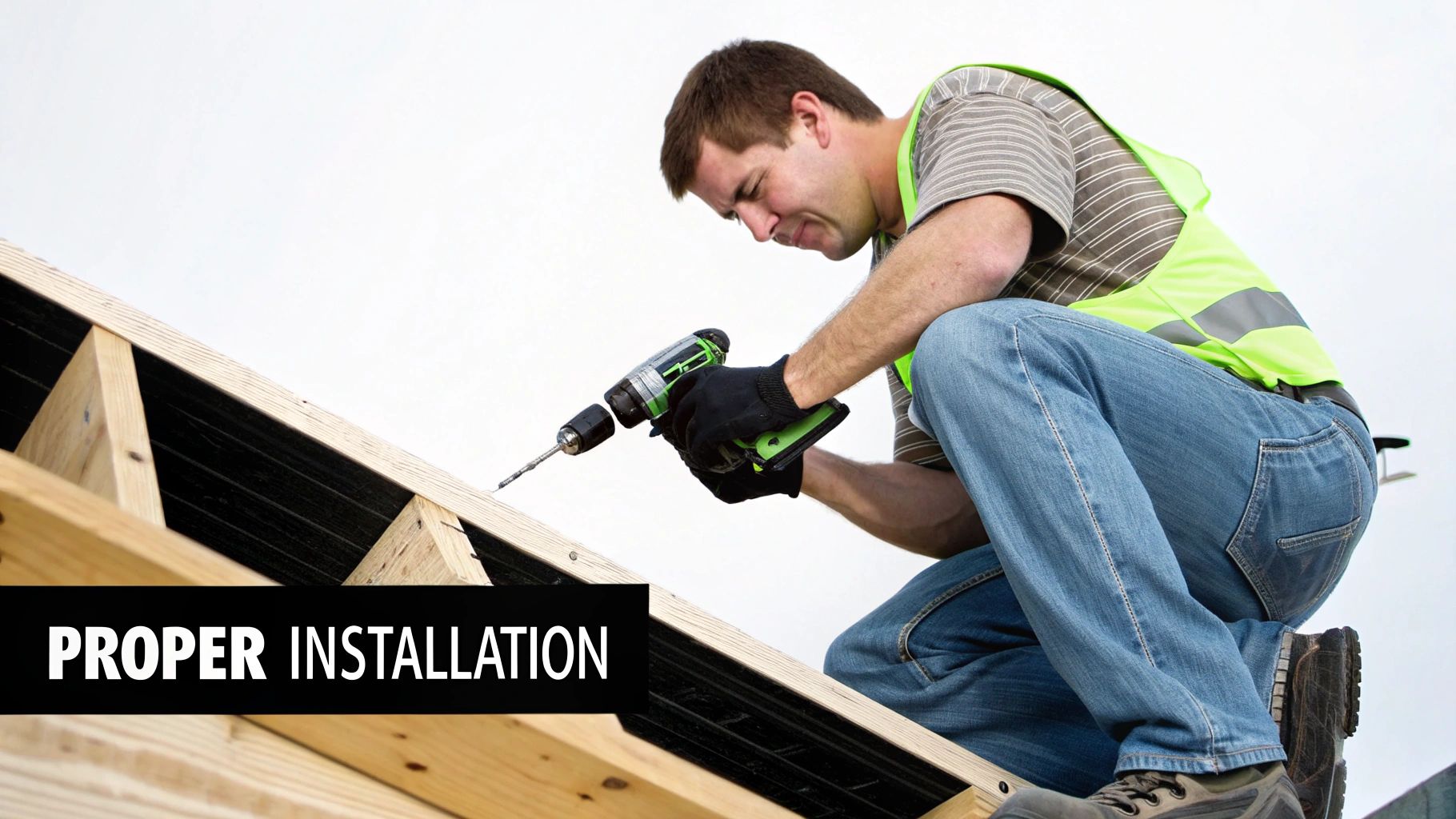 A construction worker in a safety vest drilling into a wooden roof frame with text 'PROPER INSTALLATION'.