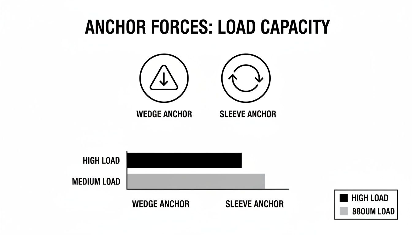 Bar chart comparing high and medium load capacities for wedge and sleeve anchors.