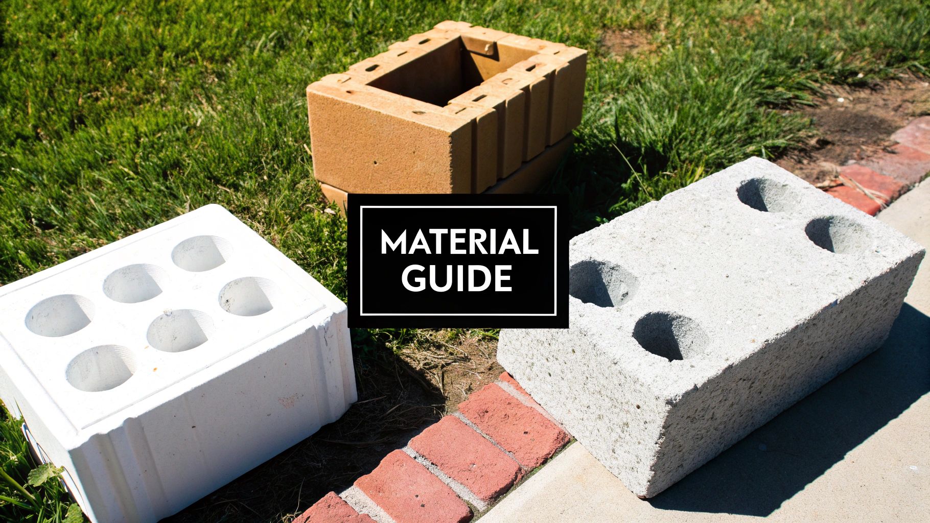 A material guide showing three distinct types of building blocks on grass, concrete, and a brick path.