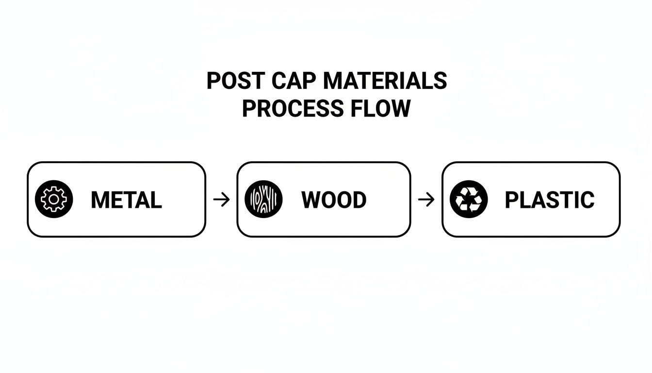 A process flow diagram showing post cap materials: Metal, Wood, and Plastic, each with an icon.