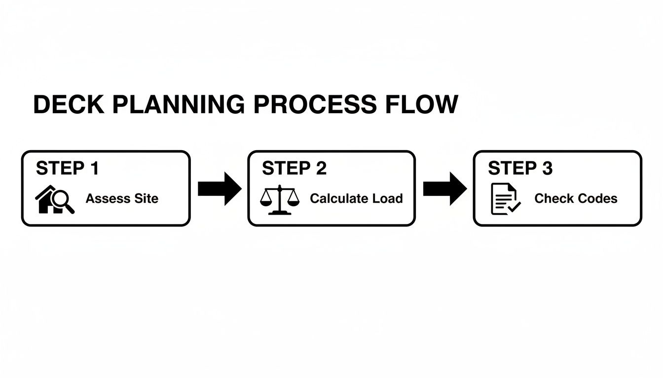 A clear flowchart outlining the three-step deck planning process: assess site, calculate load, and check codes.