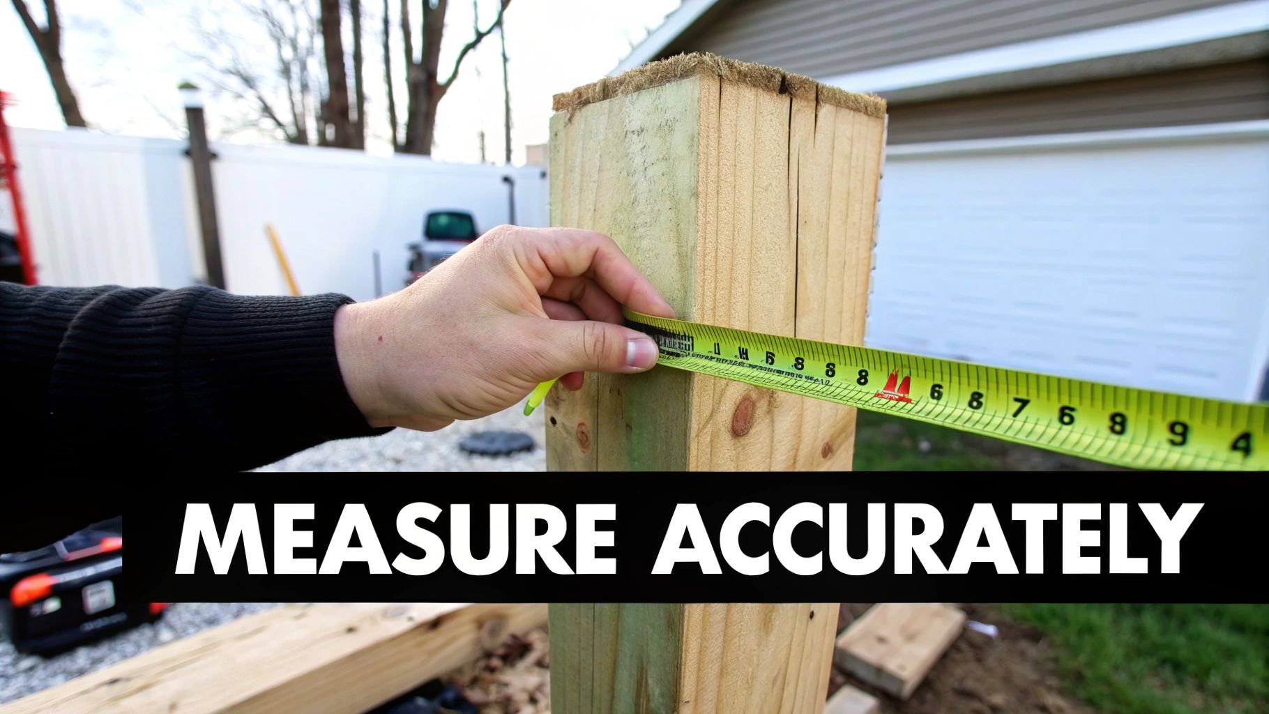 A person's hand uses a tape measure to accurately measure a wooden post for construction.