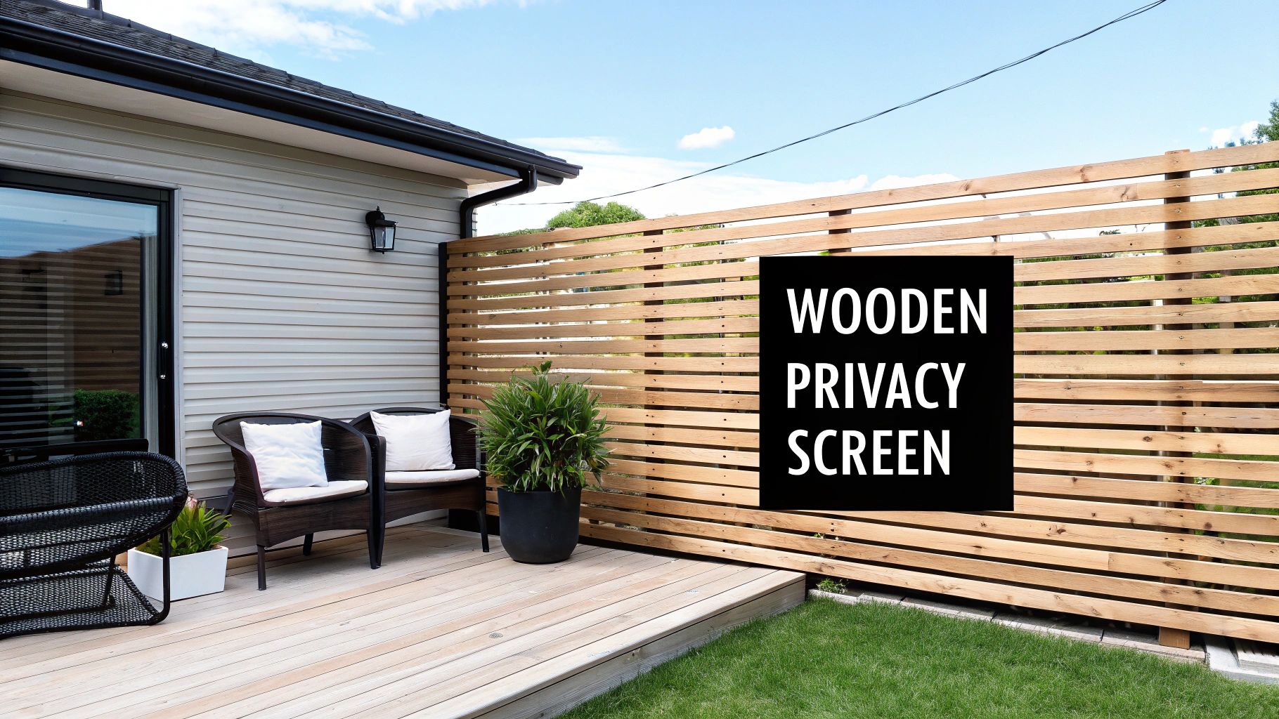 A modern outdoor patio features a wooden deck, comfortable seating, a potted plant, and a stylish wooden slat privacy screen.