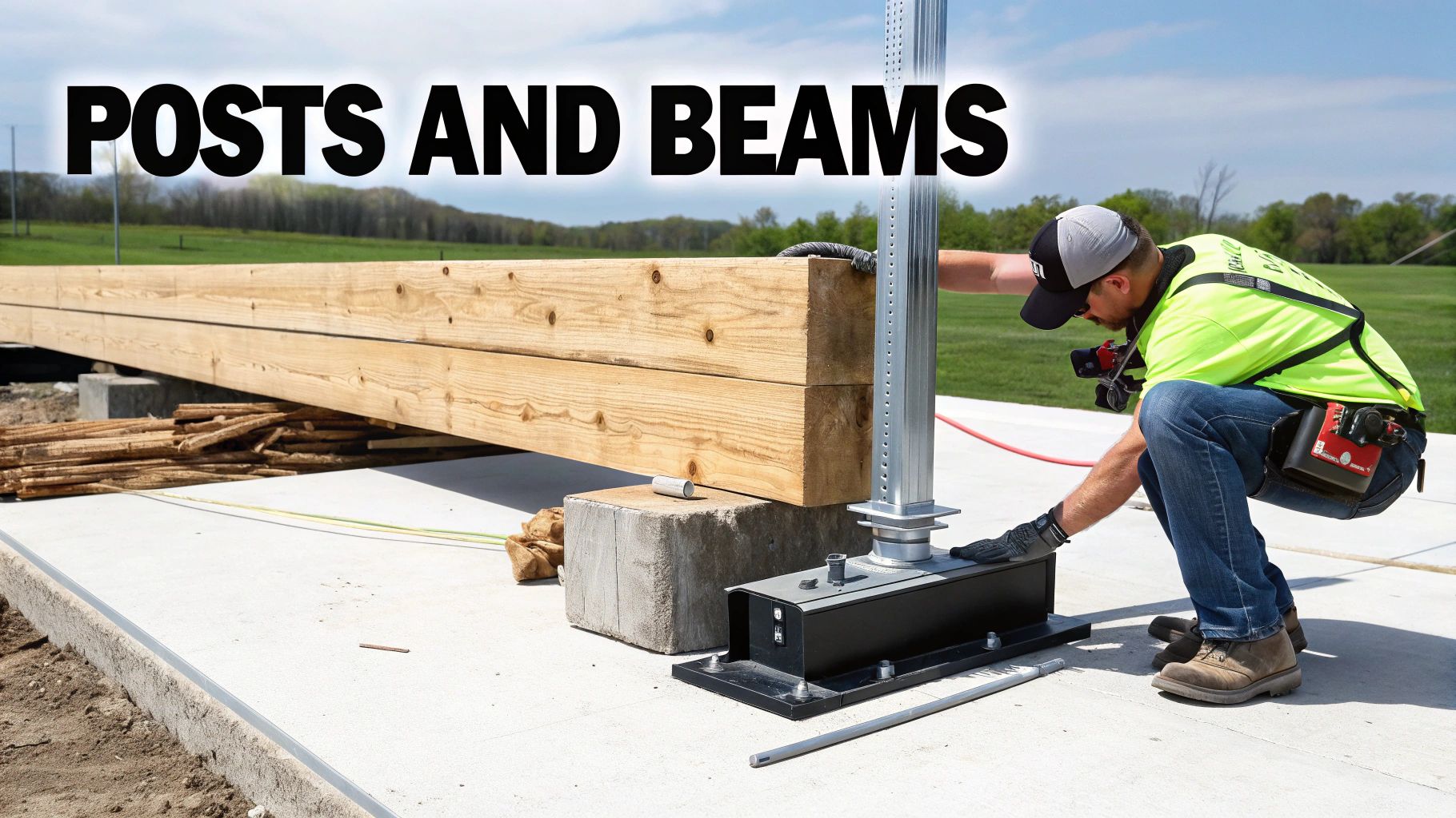 A construction worker adjusts a metal support post next to large wooden beams under a clear sky.