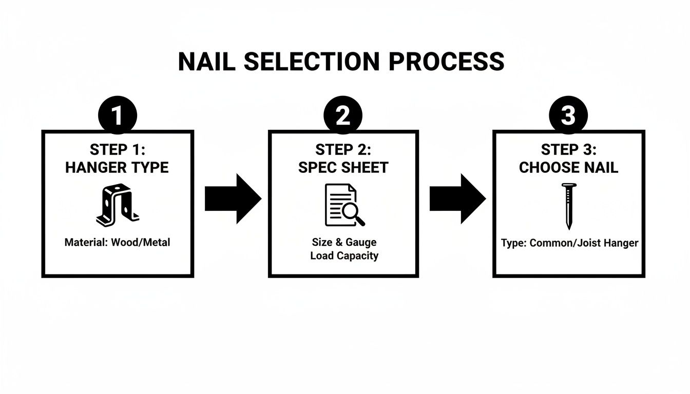 Flowchart illustrating a 3-step nail selection process for hangers, covering type, spec sheet, and nail choice.