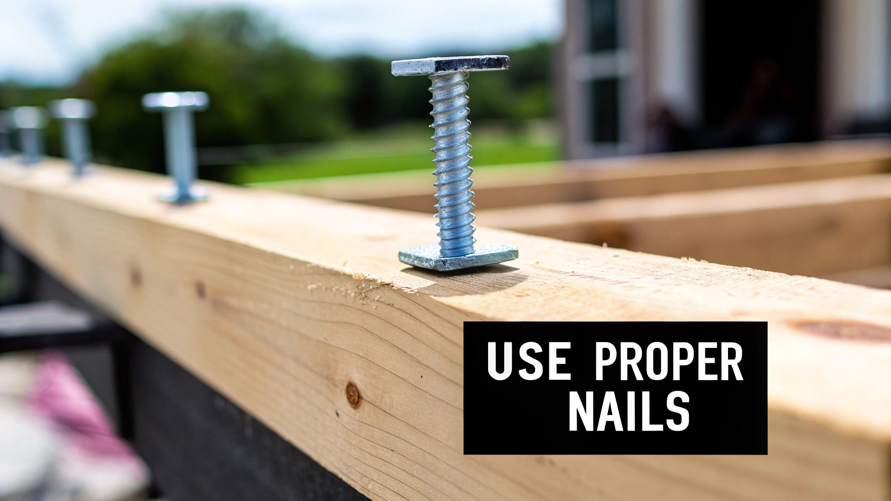 A threaded T-bolt stands upright on a light wooden beam, with more bolts blurred in the background, suggesting construction.