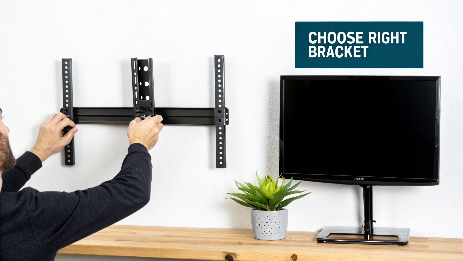 An assortment of wall mounting brackets and screws arranged on a wooden surface.