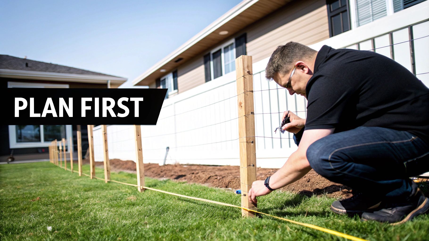 Man crouching in a grassy backyard, marking a wooden fence post with a pen, next to a measuring tape.