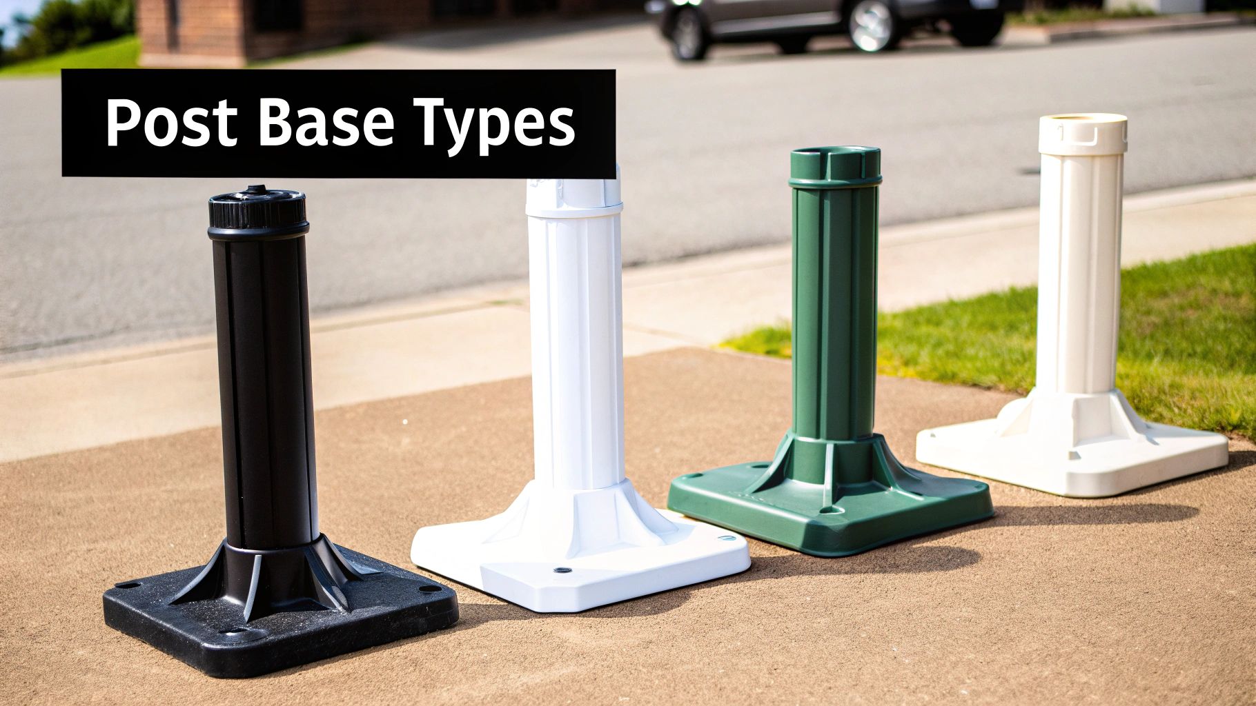 Four diverse post base types in black, white, green, and cream stand on a paved surface.
