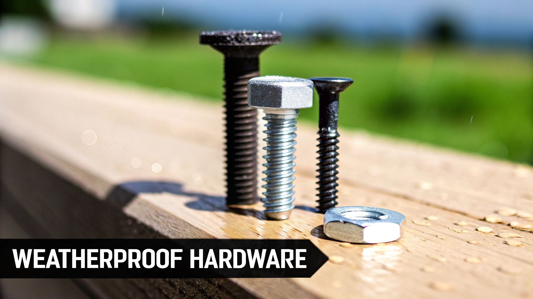 Three weatherproof hardware items, including bolts and a screw, stand on a wet wooden surface.