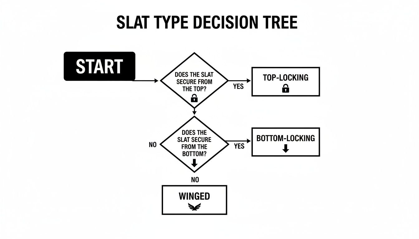 A decision tree flowchart identifying slat types based on whether they secure from top or bottom.