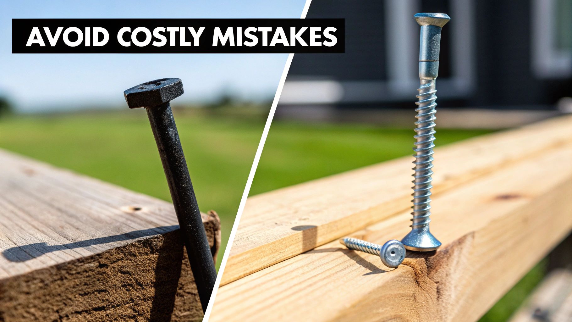 Comparison of a bent nail in wood versus sturdy screws, illustrating costly mistakes.
