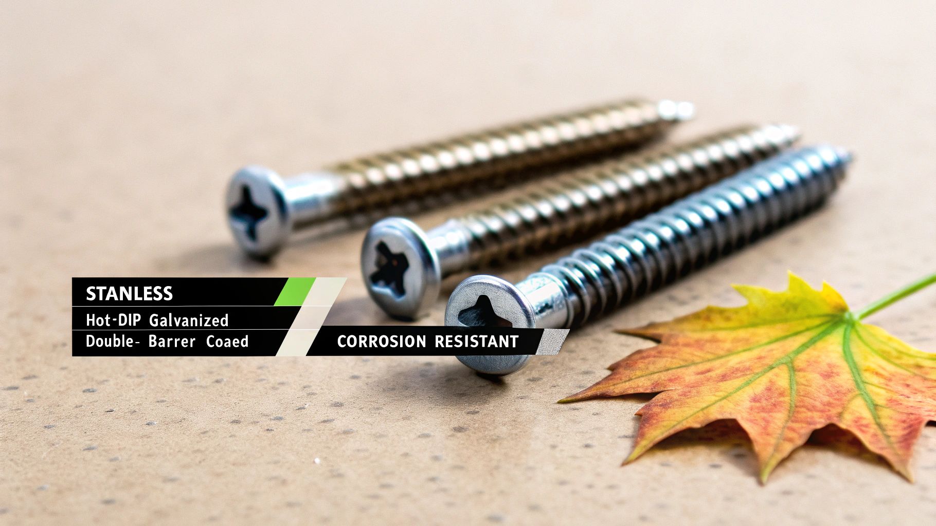 Three corrosion-resistant screws with various coatings like hot-dip galvanized, next to an autumn leaf.