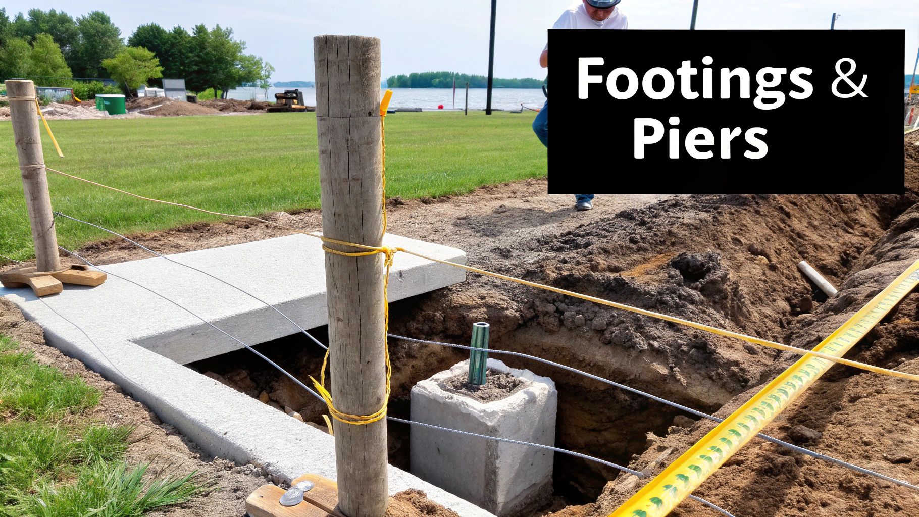 Newly constructed concrete footings and piers for a building project, with excavation work in progress.