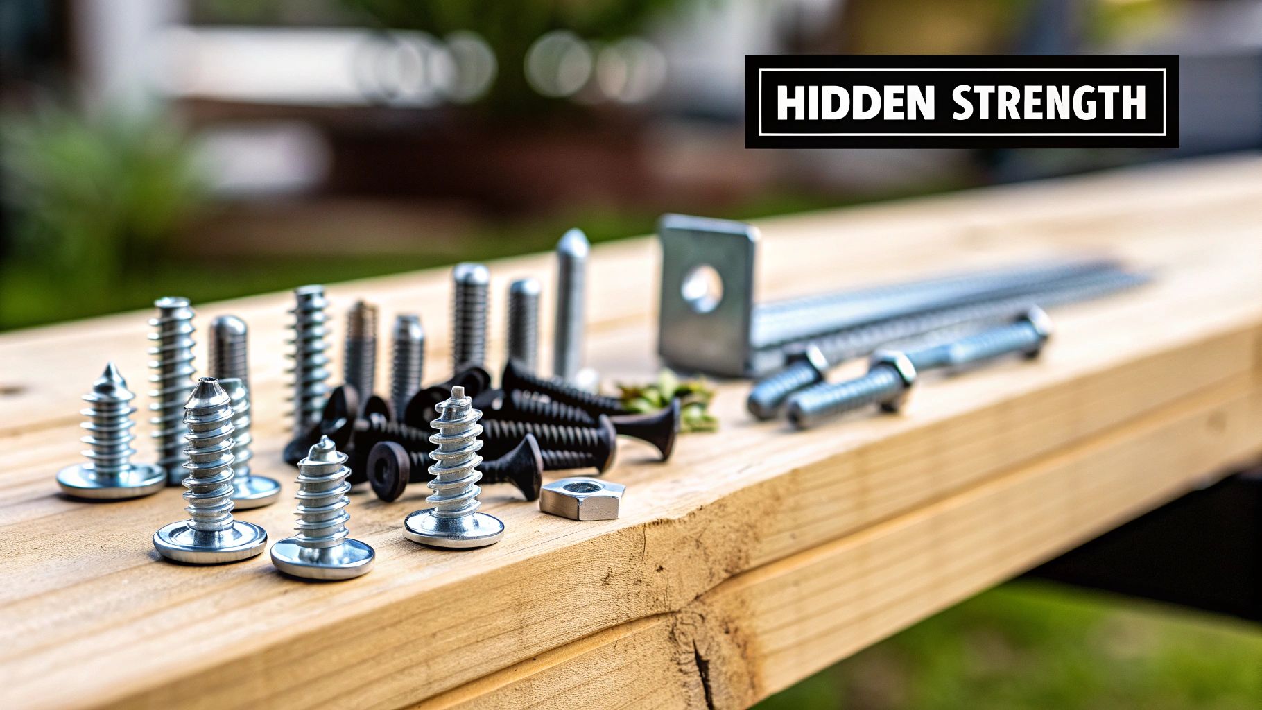 A variety of silver and black screws, bolts, and nuts laid on a light wooden plank.