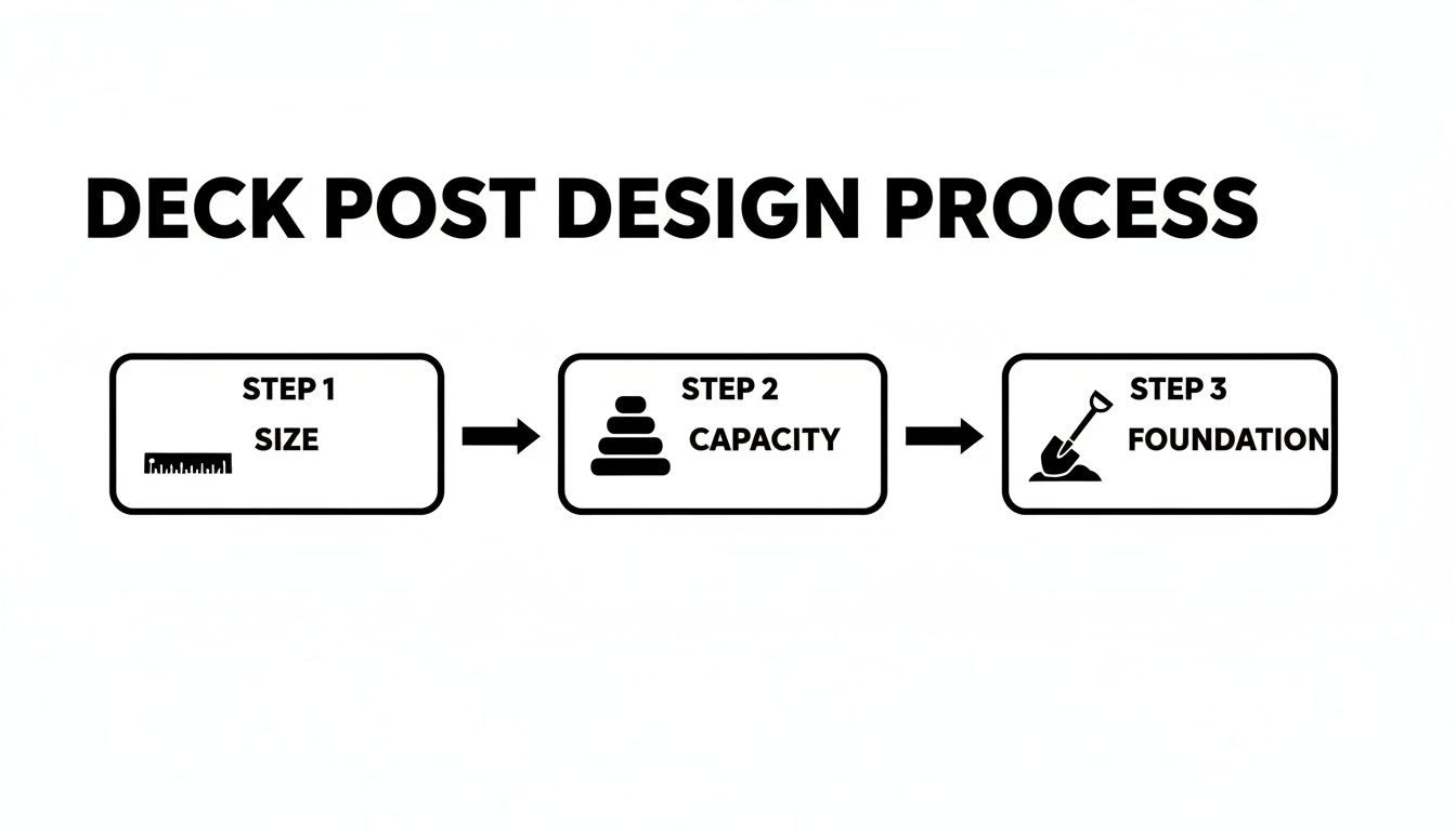 Flowchart showing the deck post design process with steps for size, capacity, and foundation.