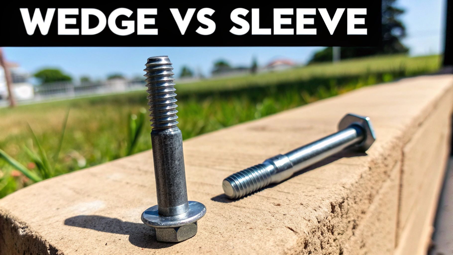 Two metal anchors, a wedge and a sleeve, displayed on a textured concrete surface.