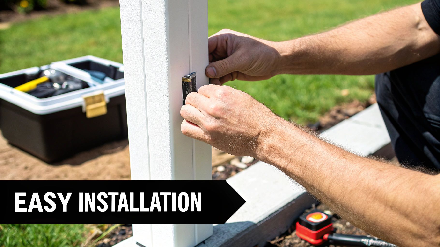 A person installs a fence post cap outdoors, with a toolbox nearby, emphasizing easy installation.