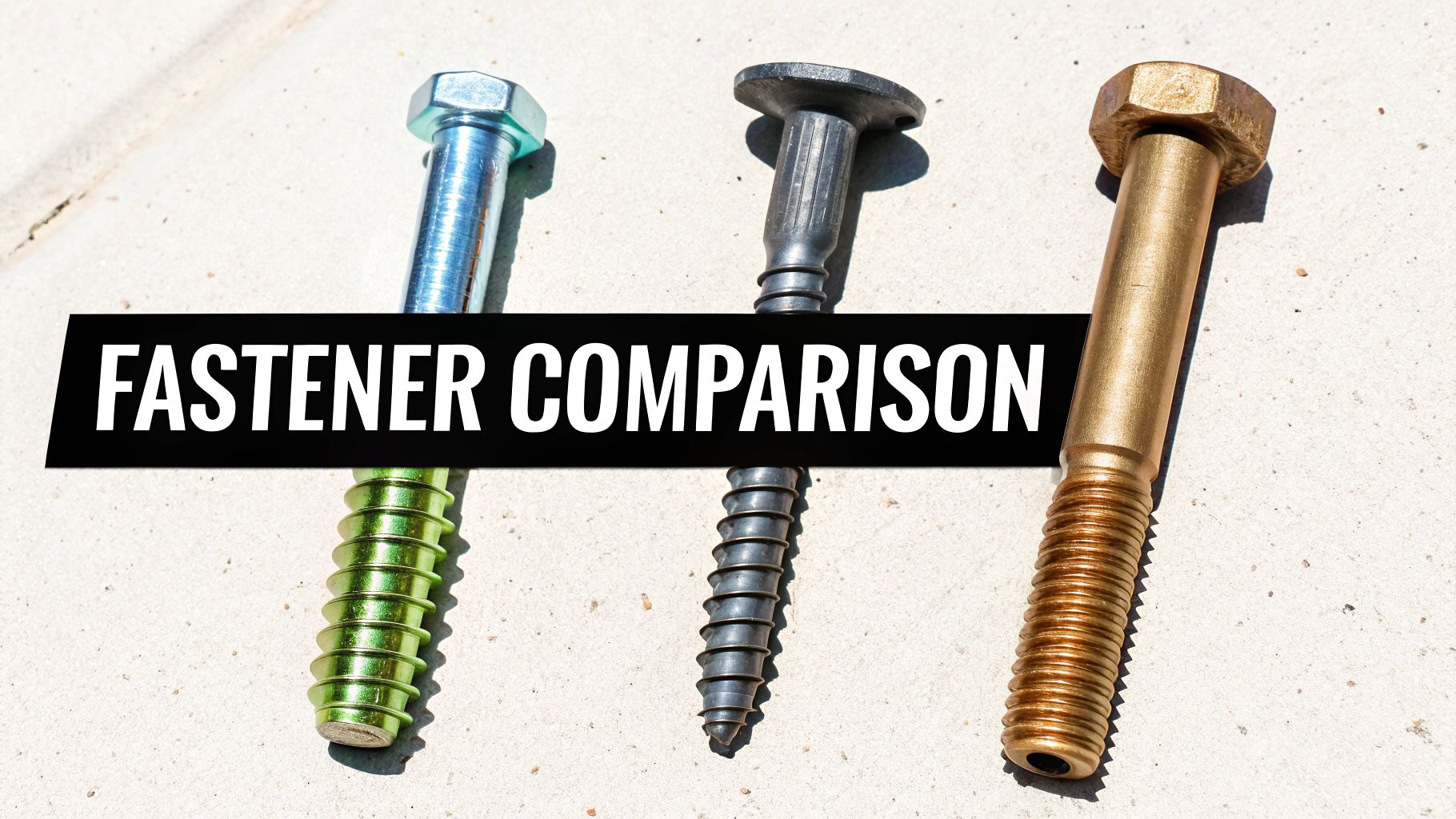 A close-up comparison of three different metal fasteners on a light-colored surface, with text overlay.