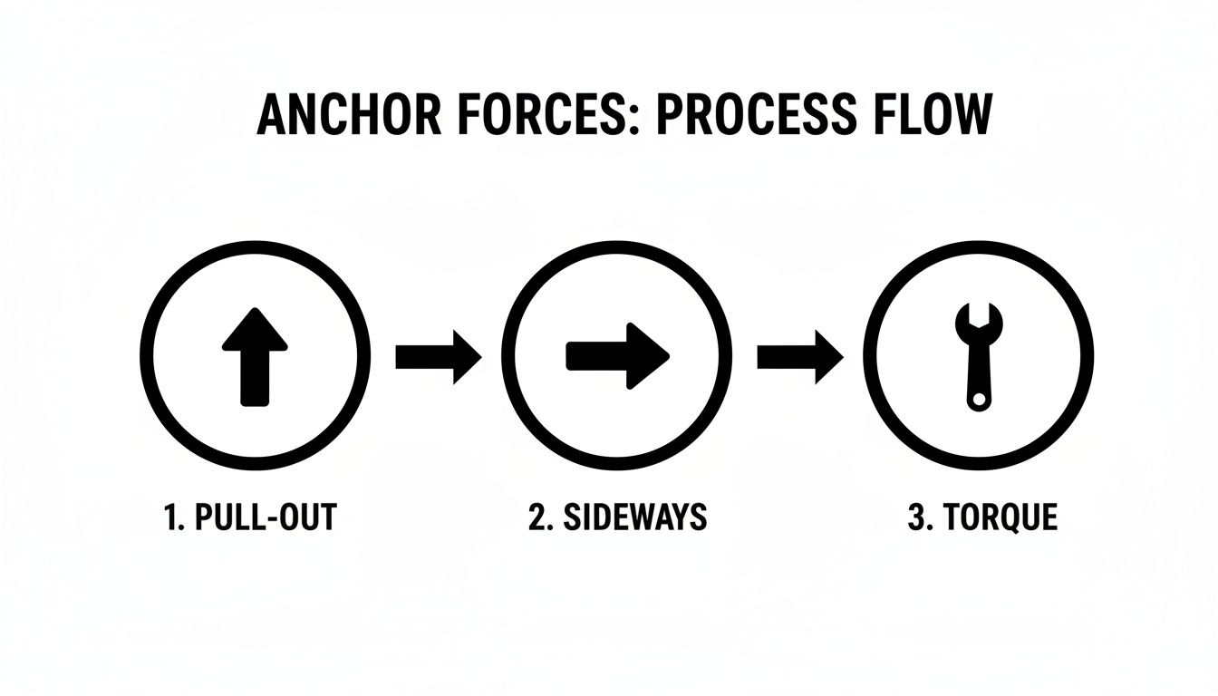 Process flow diagram illustrating three types of anchor forces: pull-out, sideways, and torque.