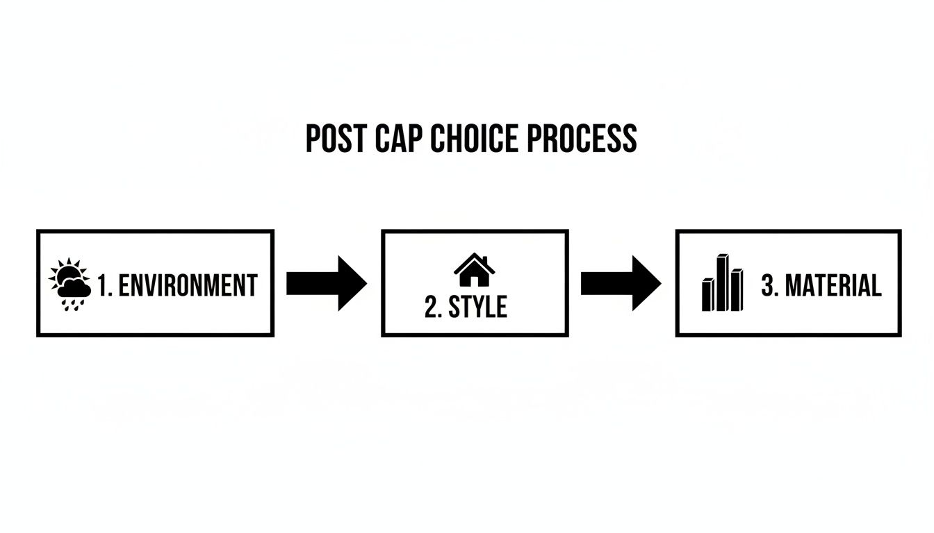 Flowchart showing the post cap choice process, including environment, style, and material.