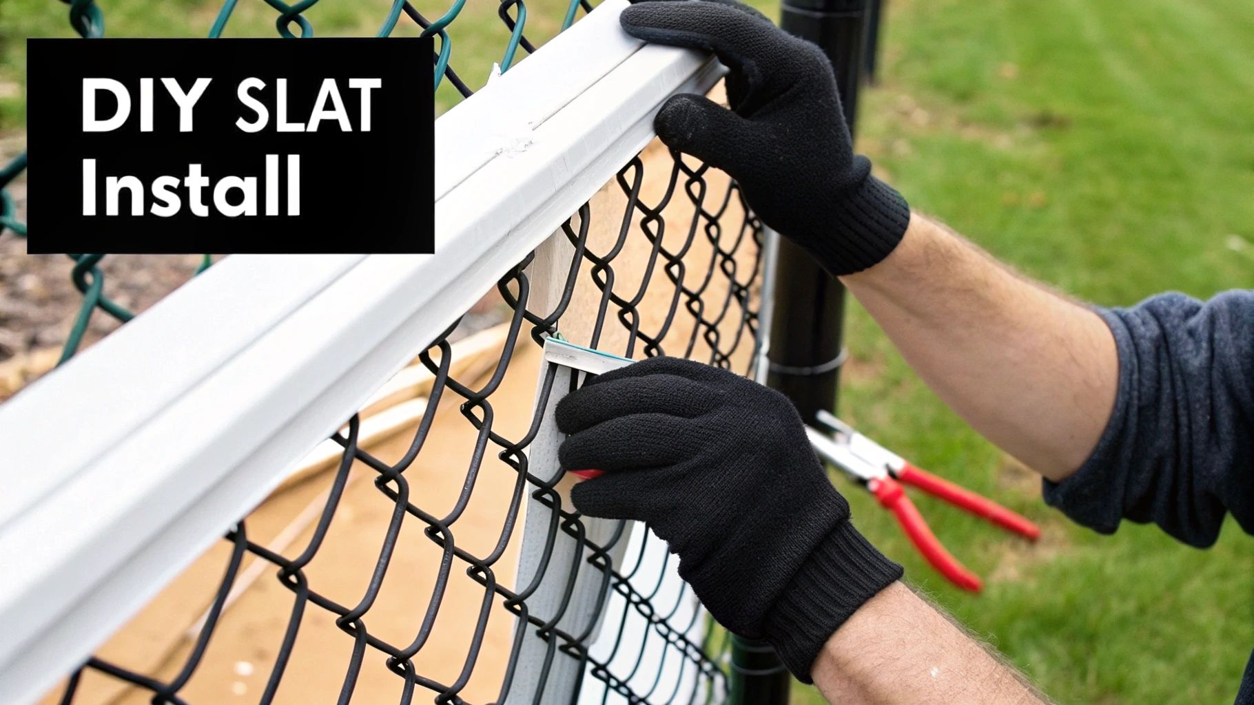Close-up of hands installing white privacy slats into a black chain-link fence with DIY SLAT Install text.